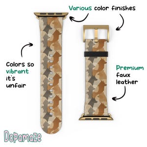 May include: Watch band featuring a repeating pattern of dog silhouettes in shades of brown, tan, and gray. The band is made of premium faux leather and has gold-colored metal hardware. The text "Colors so vibrant it's unfair" is included.