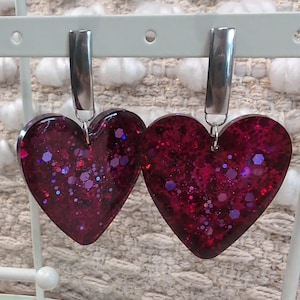 Resin heart earrings, Handmade jewelry, Gift for her, Fuchsia earrings, Costume jewelry
