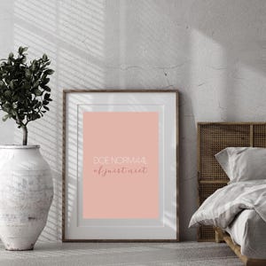 May include: A framed print with a pink background and the text "DOE NORMAAL af juist niet" in a wooden frame. The print is leaning against a wall, next to a plant in a white vase.