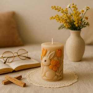 Spring Bunny Candle, Handmade Rabbit Decor, Floral Soy Wax Candle, Cute Animal Candle Gift, Easter Bunny Home Decor Accent