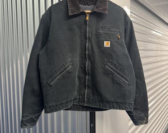 Vintage Carhart JQ185 Black Canvas 90s Work Jacket Sz 48 Corduroy