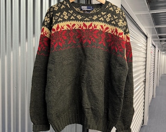 Vintage 90’s Polo Ralph Lauren Fairisle Pattern Pure Wool Hand Knit Sweater Size XL