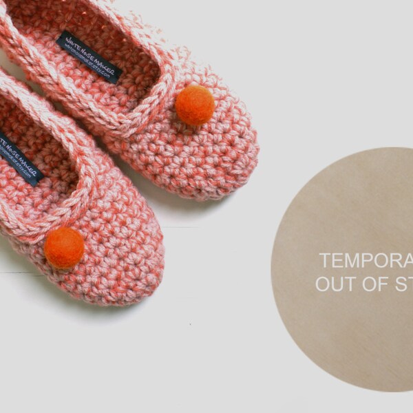 Crochet Slippers for Women in Salmon Pink Coral Orange Hand Felted Balls