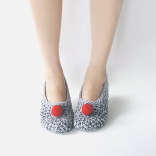 Grey Crochet Slippers with Red Felted Pompoms