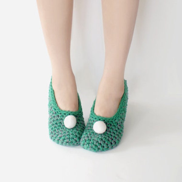 Last Pair SALE 20% OFF - Green Crochet Slippers with Natural White Felted Pompoms