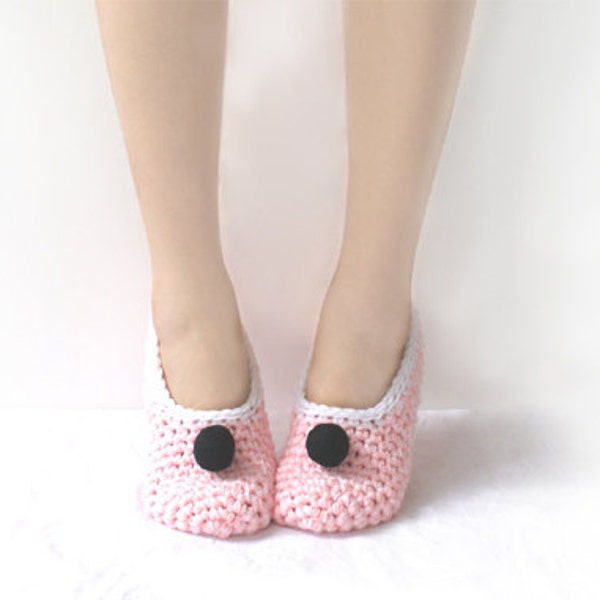 Last Pair SALE - Pink Crochet Slippers with Black Felted Embellishment