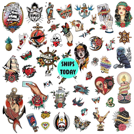 2 Sheets 49 PCS Classic Temporary Tattoos Old School Stickers - Etsy