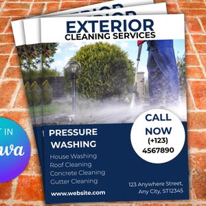May include: A stack of flyers for exterior cleaning services. The flyers have a blue and white design with the text "EXTERIOR CLEANING SERVICES" and "PRESSURE WASHING". The flyers also include a phone number and website.