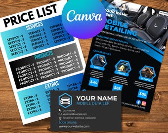 Mobile Detailing Flyer Bundle | Price List + Business Card Canva Templates | Car Wash Marketing Kit | Editable Auto Detailing Download
