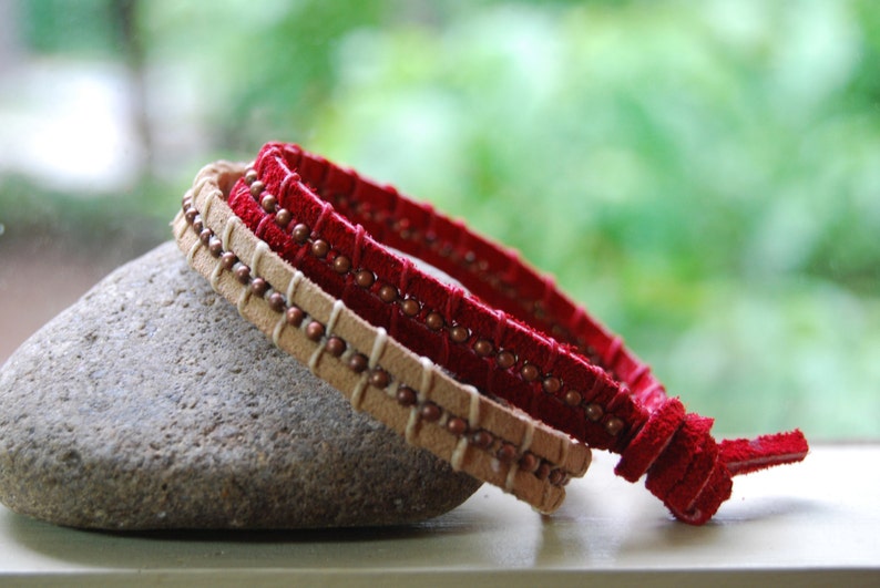 Suede Wrap Bracelets in Red and Beige a Set Etsy