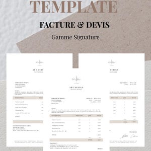 Peut inclure: Un modèle de facture et de devis, avec le texte "TEMPLATE" en haut. Le document est intitulé "FACTURE & DEVIS" et "Gamme Signature". Le document comprend les logos "ART DESI" et "DESIGN".