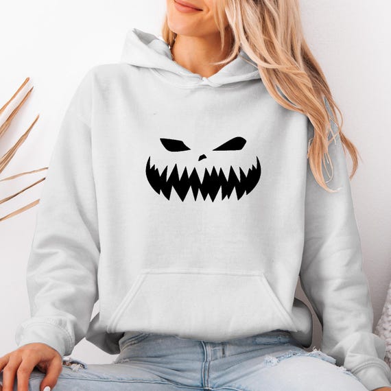 Scary Halloween Evil Face Hoodie Sweatshirt, Creepy Pumpkin Smile Graphic Tee, Spooky Horror Shirt, Unisex Costume Top