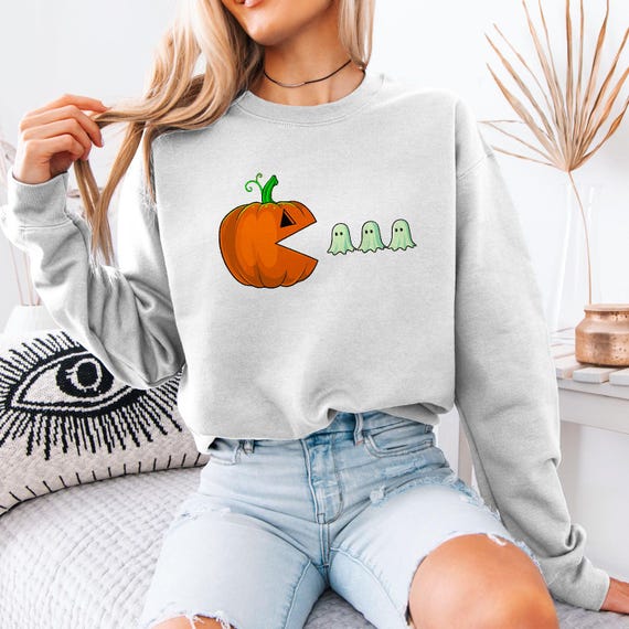 Funny Halloween Ghost Pumpkin Sweatshirt, Cool Unisex Gift, Spooky Season Apparel, Unique Halloween Hoodie, Fall Sweatshirt