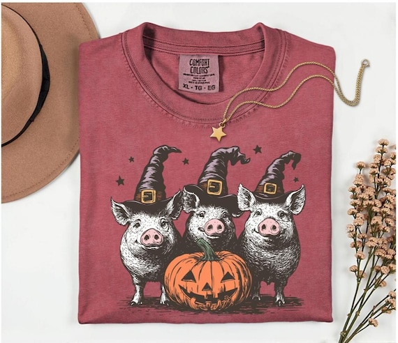 Halloween Three Pigs Witch Hoodie, Sweatshirt, T-Shirt, Youth & Unisex Sizes, Cute Farm Animals with Pumpkin, Spooky Autumn Design