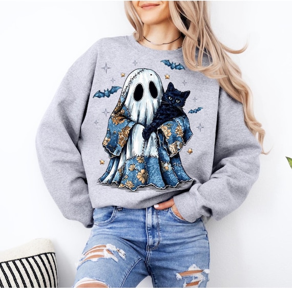 Halloween Ghost Cat Hoodie, Sweatshirt, T-Shirt, Youth & Unisex Sizes, Cute Spooky Ghost Holding Black Cat with Bats and Stars