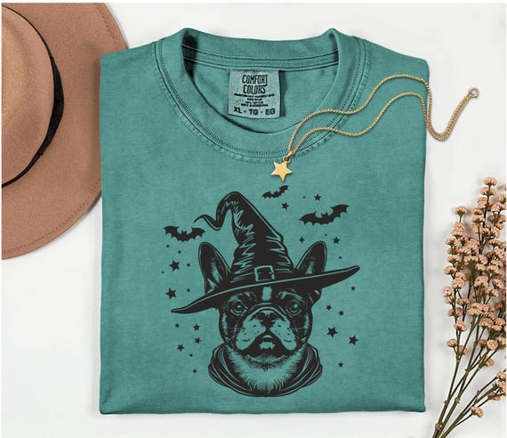 Halloween French Bulldog Witch Hoodie, Sweatshirt, T-Shirt, Youth Sizes, Cute Dog Witch Hat, Spooky Bats and Stars Design