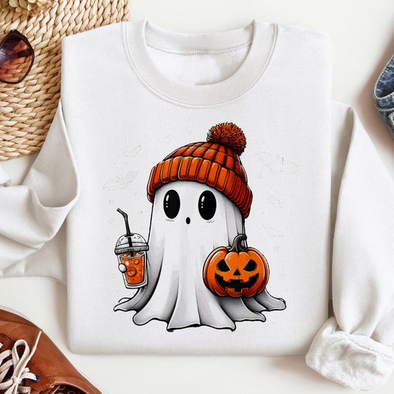 Cute Halloween Ghost Drink Sweatshirt, Unisex Pumpkin Halloween Design, Cozy Halloween Apparel
