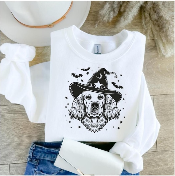 Halloween Spaniel Witch Hoodie, Sweatshirt, T-Shirt, Youth & Unisex Sizes, Cute Dog in Hat with Bats and Stars, Spooky Autumn Design