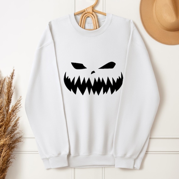 Scary Halloween Sweatshirt, Creepy Pumpkin Smile Tee, Spooky Horror Shirt, Unisex Costume Top, Evil Face Halloween Graphic
