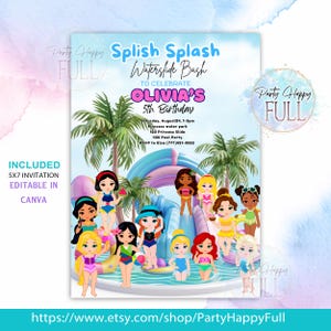 Puede incluir: Una invitación de fiesta con el texto "Splish Splash Waterslide Bash" para celebrar el 5º cumpleaños de Olivia. La invitación presenta ilustraciones de dibujos animados de princesas en un parque acuático, palmeras y un tobogán acuático. Incluye un enlace a la tienda de Etsy.