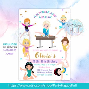 May include: A party invitation featuring cartoon gymnasts in various poses. The invitation includes the text "Flip, Tumble, Jump and Play" and details for Olivia's 5th birthday, including the date, time, and location. The invitation is editable in Canva.