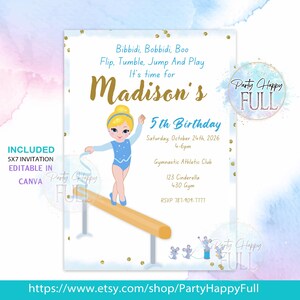 Puede incluir: Invitación de cumpleaños azul claro y dorado con una gimnasta de dibujos animados en una barra de equilibrio. La invitación incluye el texto "Bibbidi, Bobbidi, Boo, Flip, Tumble, Jump And Play, It's time for Madison's 5th Birthday". Incluye un enlace a la tienda de Etsy.