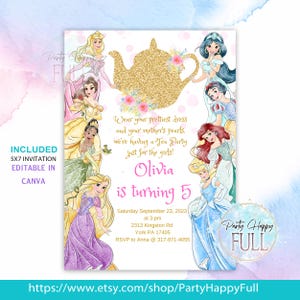 Könnte beinhalten: Eine 5x7 Zoll Einladung mit Prinzessinnen-Illustrationen und einer goldglitzernden Teekanne. Der Einladungstext lautet "Olivia wird 5" und enthält Party-Details. Das Design ist in Canva editierbar. Maße: 12,7 x 17,8 cm.