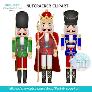 May include: Three colorful Nutcracker clipart images. The figures are dressed in green, red, and blue uniforms with gold accents. The text "NUTCRACKER CLIPART" is at the top. The image includes the text "INCLUDED 3 TRANSPARENT PNG IMAGES" and a shop URL.