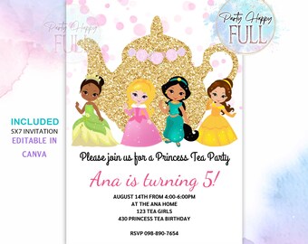 EDITABLE, Princess Tea Party, Multicultural Invitation, Pink and Gold, Princess Birthday, Template Instant Download, Tea Party Invitation
