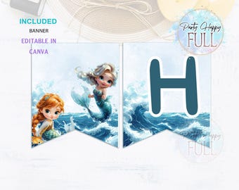EDITABLE, Banner de Sirena Congelada, Banner de Cumpleaños Bajo el Mar, Banner de Cumpleaños de Sirena, Banner Digital