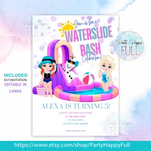 May include: A party invitation with a waterslide theme. The invitation features cartoon characters, a waterslide, and the text "Waterslide Bash Celebration!" The invitation is for Alexa's 5th birthday, with event details and a website address.