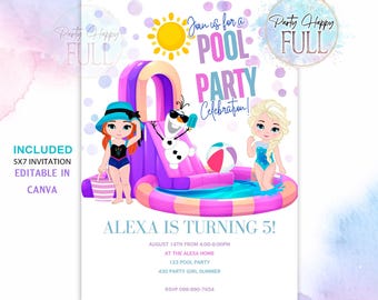 Summer Frozen Pool Party, Princess Pool Party, invitation à une fête avec toboggan aquatique, modifiable sur toile, TÉLÉCHARGEMENT IMMÉDIAT, invitation Frozen, piscine