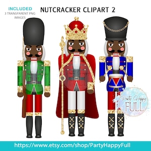 May include: Three colorful nutcracker clipart images. The nutcrackers are dressed in green, red, and blue uniforms with gold accents. The image includes the text "NUTCRACKER CLIPART 2" and the Etsy shop URL.