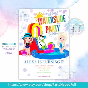 May include: A colorful invitation for a waterslide party, featuring cartoon characters and the text "Waterslide Party Celebration!" The invitation includes the text "Alexa is turning 5!" and details for the party. The design includes a waterslide, pool, and beach ball.