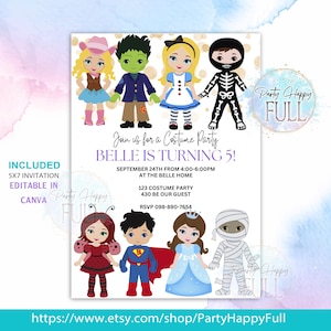 Puede incluir: Una invitación blanca para una fiesta de disfraces con personajes de dibujos animados disfrazados. La invitación dice "¡Belle cumple 5 años!" e incluye detalles de la fiesta. La URL de la tienda de Etsy está en la parte inferior.