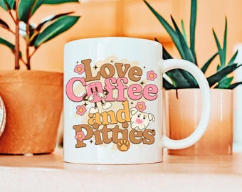 Love, Coffee, and Pitties 11 oz Pitbull Coffee Mug in Pink, White and Brown