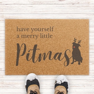 Pitbull Holiday Doormat, Pit Bull Coir Welcome Mat, Pittie Entryway Mat, Merry Christmas Pitbull Decor, Pitbull Lover Gift