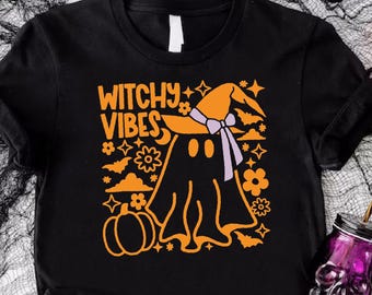 Witchy Vibes Halloween Shirt, Cute Ghost Witch Tee, Spooky Season Shirt, Fall Pumpkin Shirt, Funny Halloween T-Shirt for Women,Halloween Tee