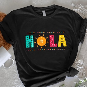 Colorful Hola Graphic Tee: Spanish Greeting, Latin Culture Shirt