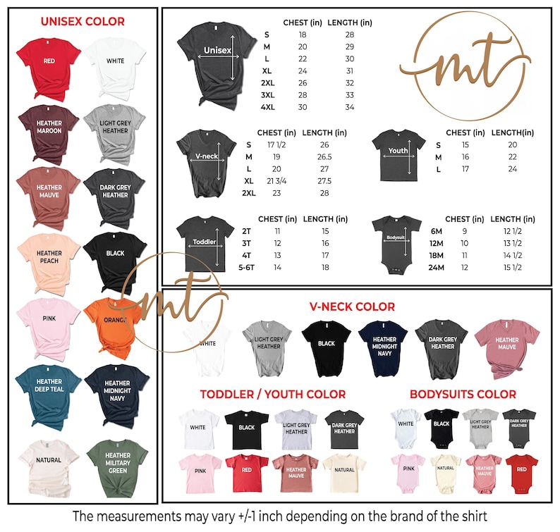 May include: A graphic showing t-shirt color options and size charts. Colors include red, white, black, and various heather shades. Size charts are provided for unisex, V-neck, toddler, youth, and bodysuit styles. Measurements are in inches.