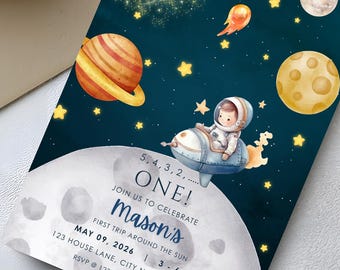 Space Birthday Invitation | Outer Space 1st Birthday | Rocket Astronaut Galaxy | Editable Printable Digital | First Trip Around the Sun