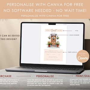 May include: Laptop displaying a customizable housewarming party invitation template. The design features a watercolor illustration of a front door with potted plants. Text includes "Home Sweet Home" and "Editable with Canva."