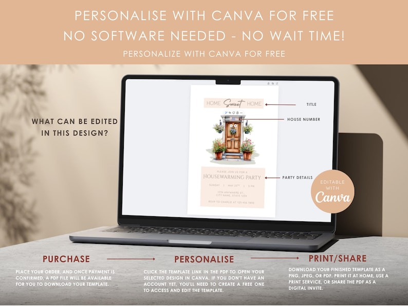 May include: Laptop displaying a customizable housewarming party invitation template. The design features a watercolor illustration of a front door with potted plants. Text includes "Home Sweet Home" and "Editable with Canva."