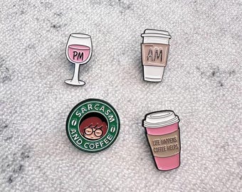 Hilarious Coffee and Wine Enamel Pins for Caffeine Enthusiasts and Wine Lovers with Humor
