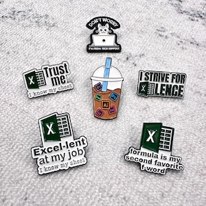 Funny Enamel Pins Set – Excel Spreadsheet Humor, Programmer Gift, Tech Support Cat, Office Joke Pins for Backpack, Jacket & Collectors