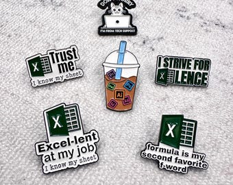 Funny Enamel Pins Set – Excel Spreadsheet Humor, Programmer Gift, Tech Support Cat, Office Joke Pins for Backpack, Jacket & Collectors