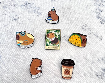 Cute Capybara Enamel Pins | Funny Animal Lapel Pin Set | Coffee, Taco, Money, Birthday Gifts for Capybara Lovers