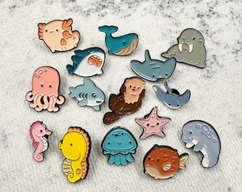 Ocean Animals Enamel Pins Set – Sea Otter, Shark, Dolphin, Octopus, Starfish, Manta Ray Sea Animal Badge Pins