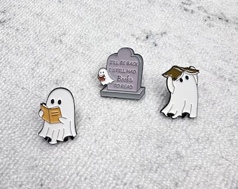 Bookish Ghost Enamel Pins Book Themed Brooch Halloween Gift for Bookworms