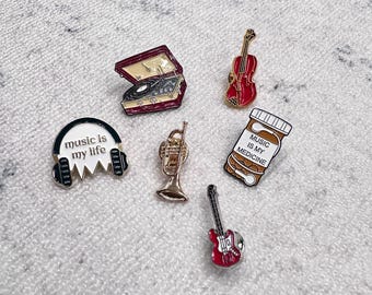 Music Themed Enamel Pins Set - Including Record Player, Red Violin, 'Music Is My Life' Headphones Perfect for Music Lovers, Musicians